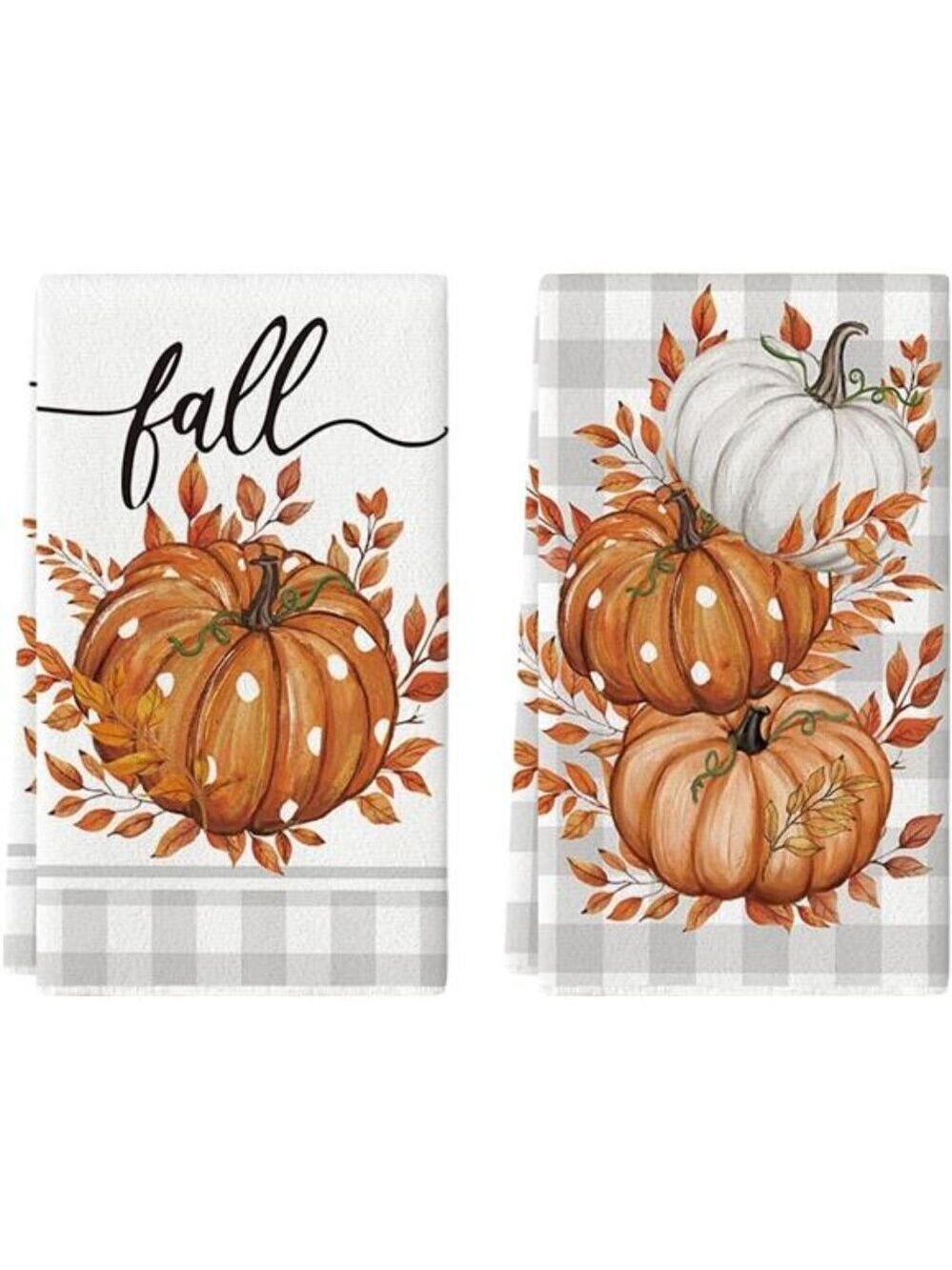 Orange Buffalo Plaid Fall Kitchen Towels Set of 2 Pumpkin Leaves Hand Dish Towel